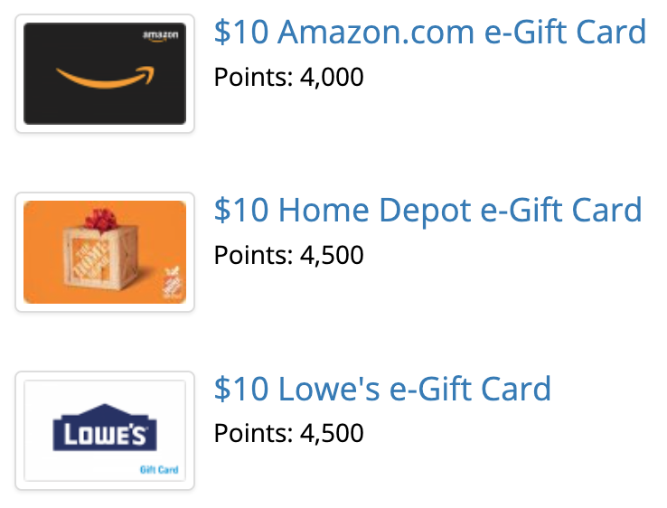 Major brand gift cards are available.